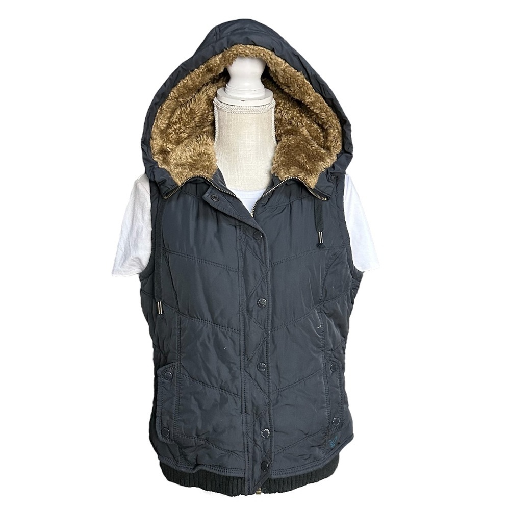 American Eagle Navy Blue Winter Puffer Winter Vest with Sherpa Lining Hood Sz: L